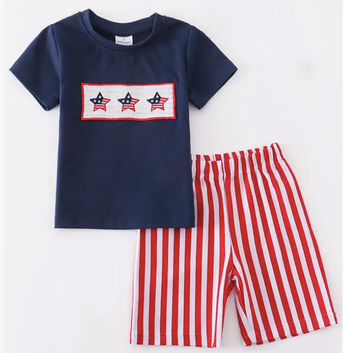 Blue Boys 4th of July Stars T-shirt & Red Striped Shorts
